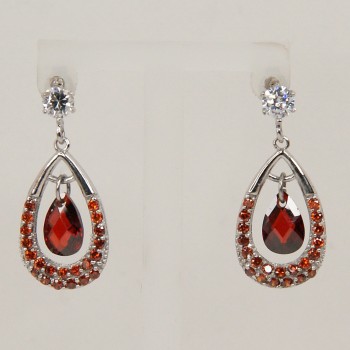 Sterling Silver/CZ Genuine Garnet Teardrop Earrings